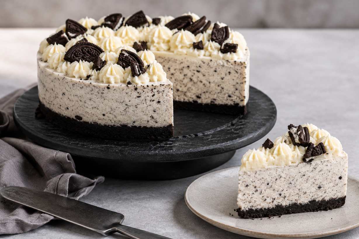 Oreo-cheesecake met opgeklopte vanilleganache