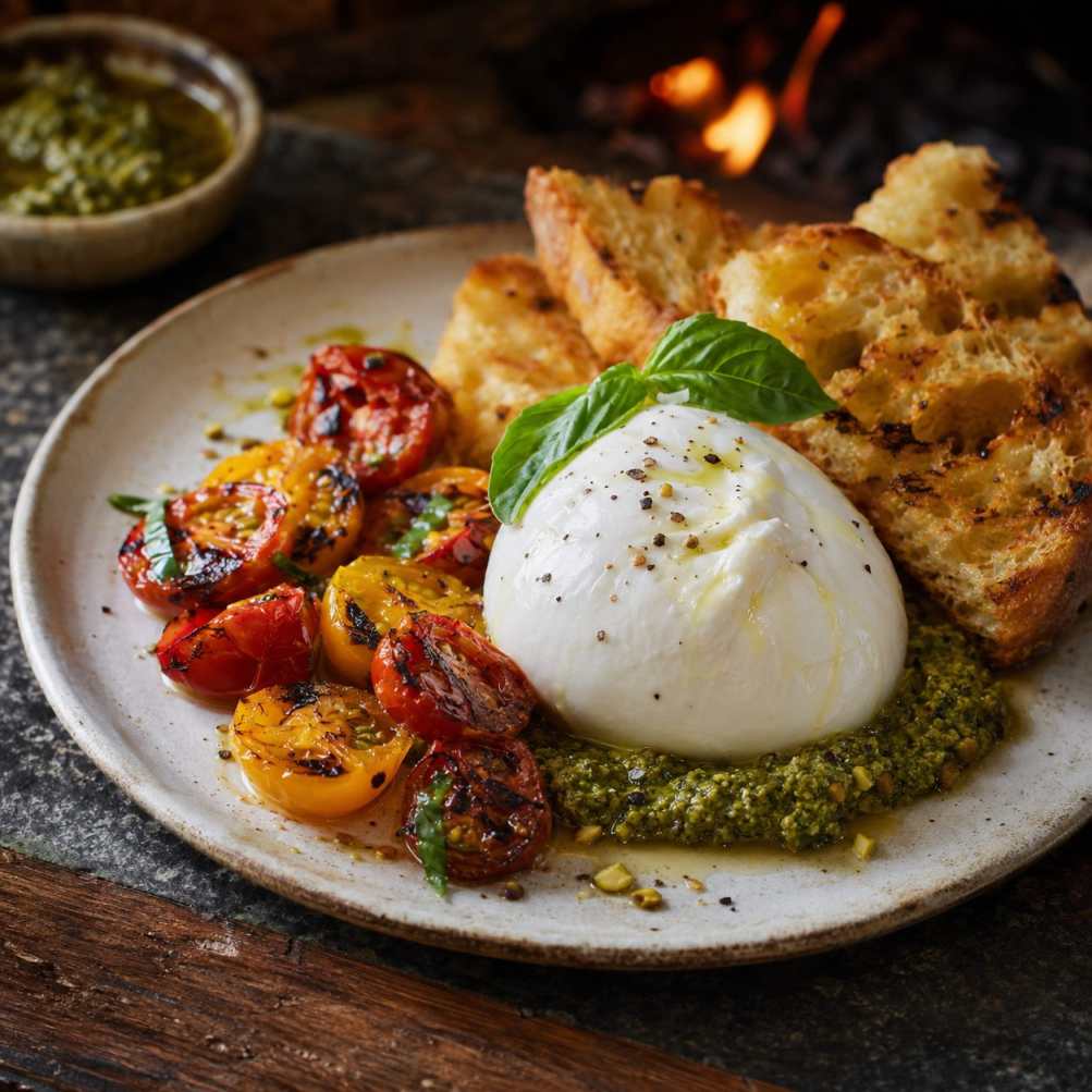 Gerookte burrata met gegrilde tomaat en pistachepesto