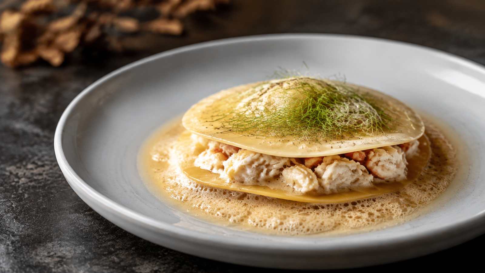 Open raviolo van Noordzeekrab met venkelbisque