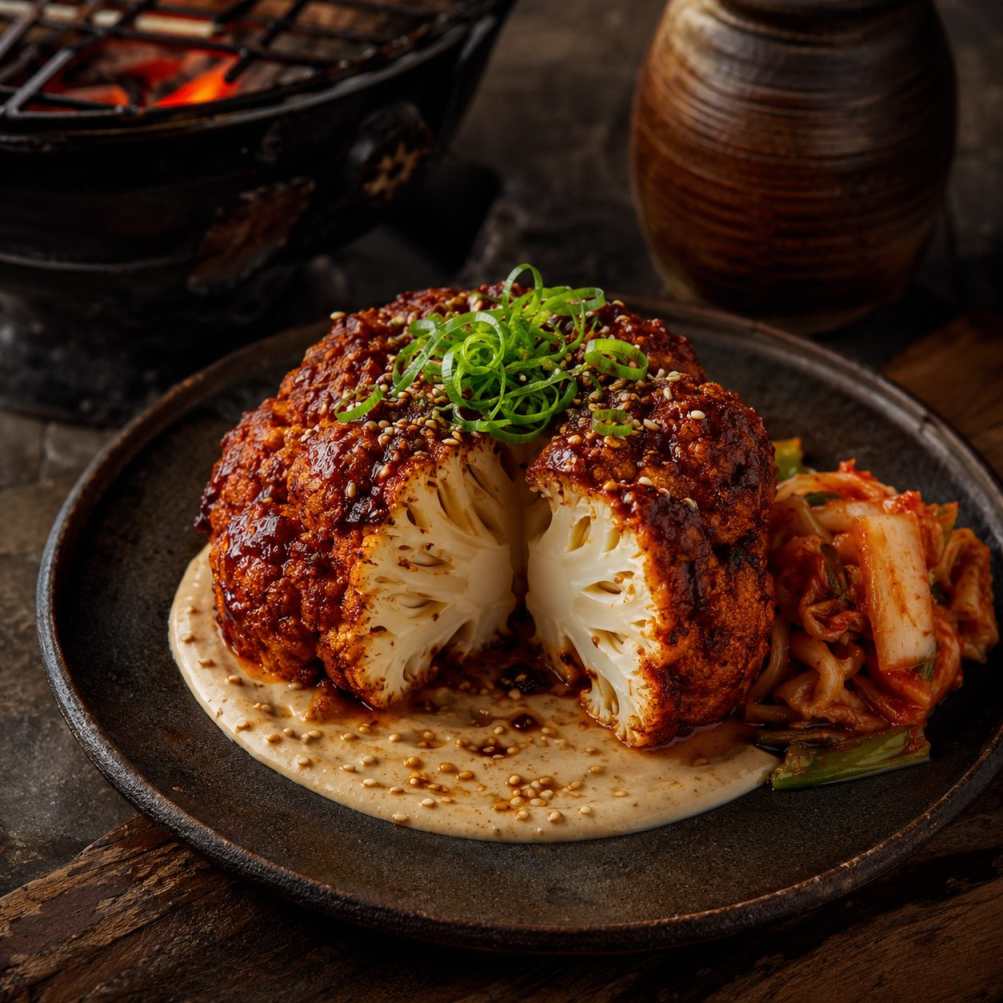 Koreaanse BBQ-bloemkool met gochujang, kimchi en sesam