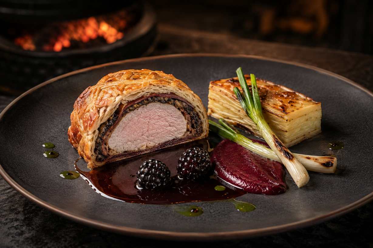 Varkenshaas en croûte van de kamado met aubergineduxelles, gerookte biet en bramenjus
