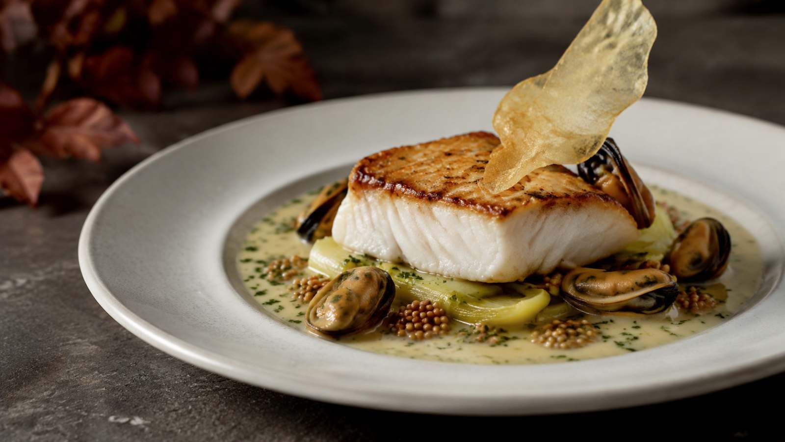 Kabeljauw met mosselbeurre blanc, prei en krokante aardappel