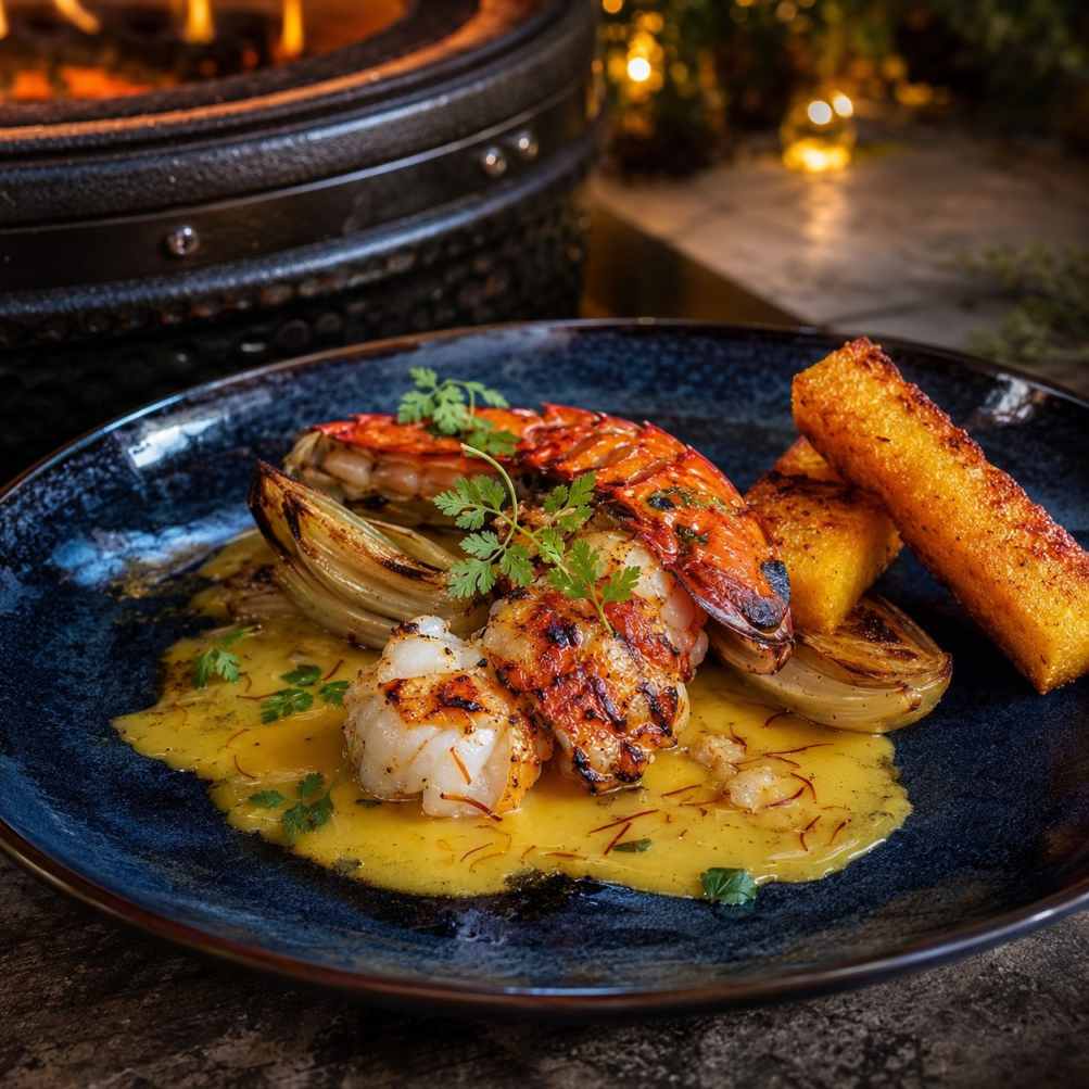Kamado-kreeftenstaart met saffraan-beurre blanc, venkel en krokante polenta