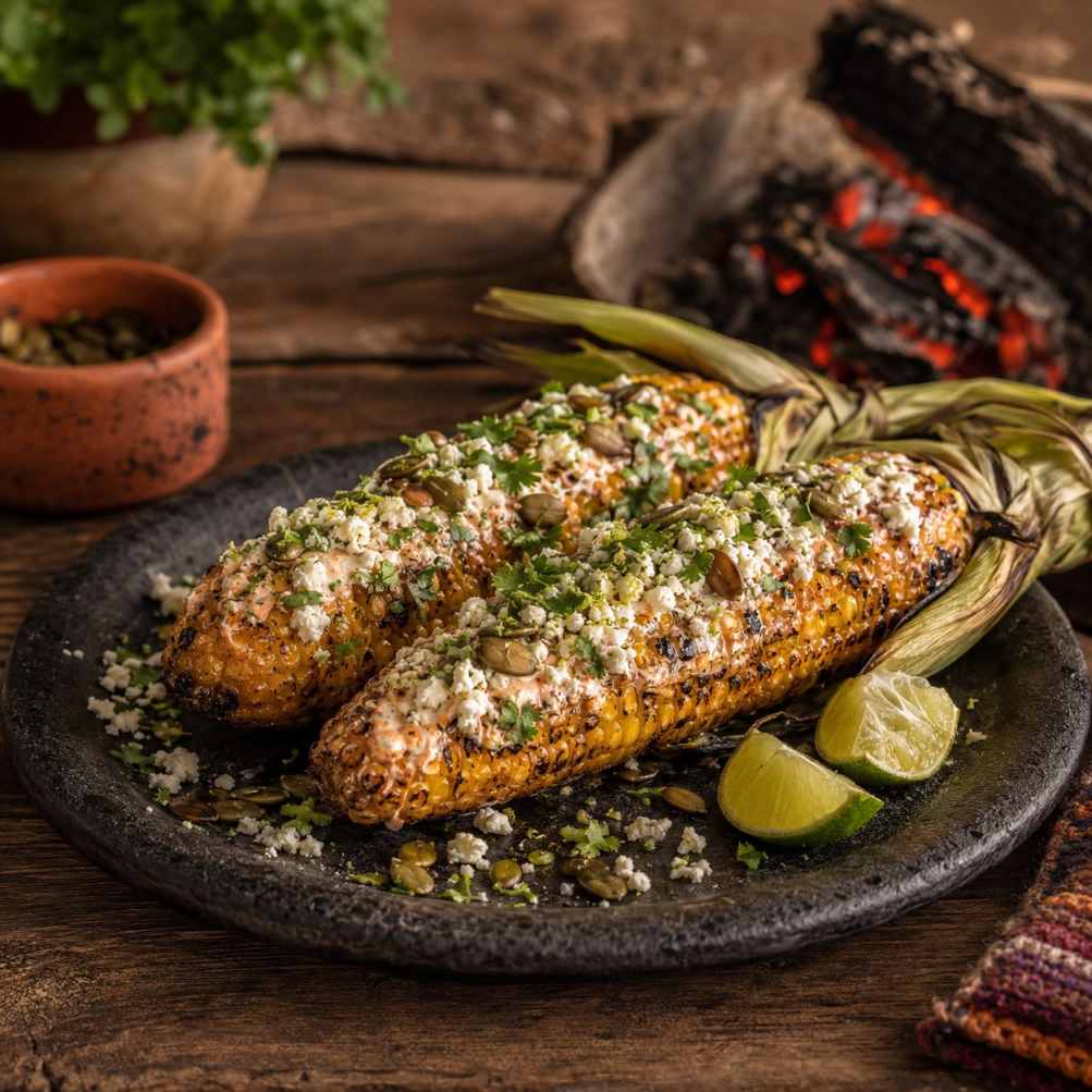 Elote van de BBQ met chipotle, limoen en cotija