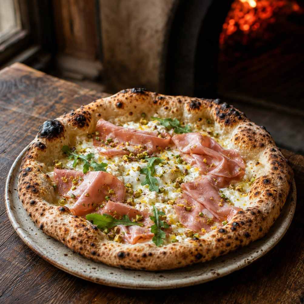 Pizza bianca met mortadella, stracciatella en pistache