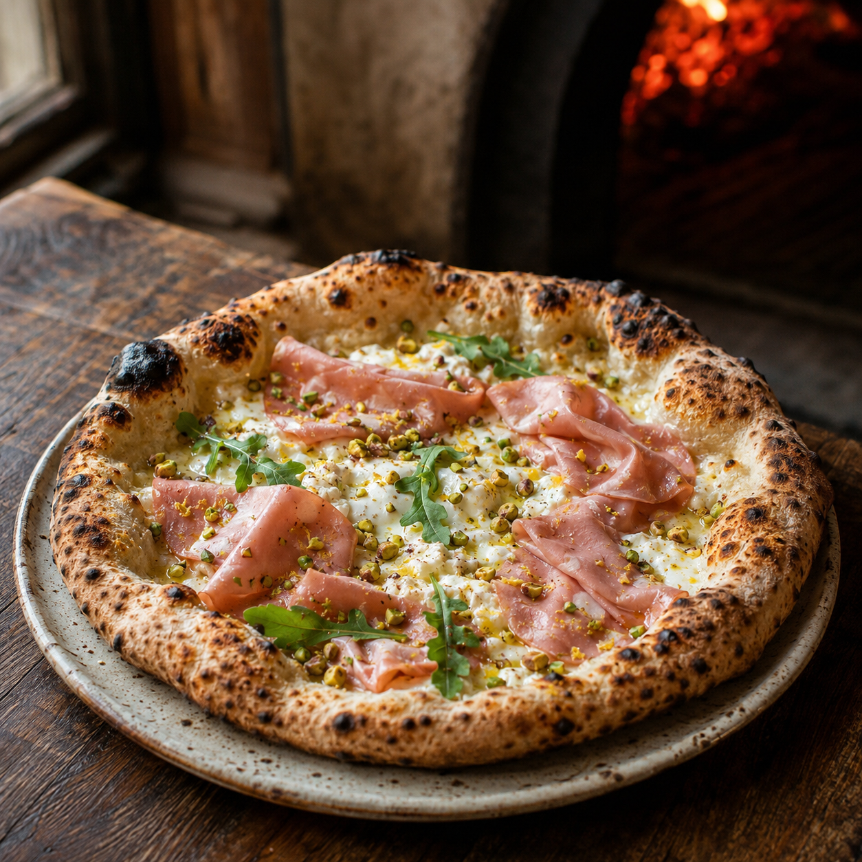 Pizza bianca met mortadella, stracciatella en pistache
