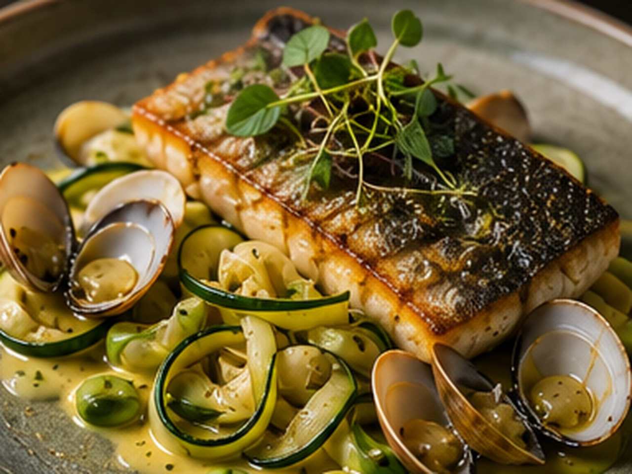 Gegrilde zeebaars met courgettelinten, venusschelpen, tuinbonen en saffraan-beurre blanc