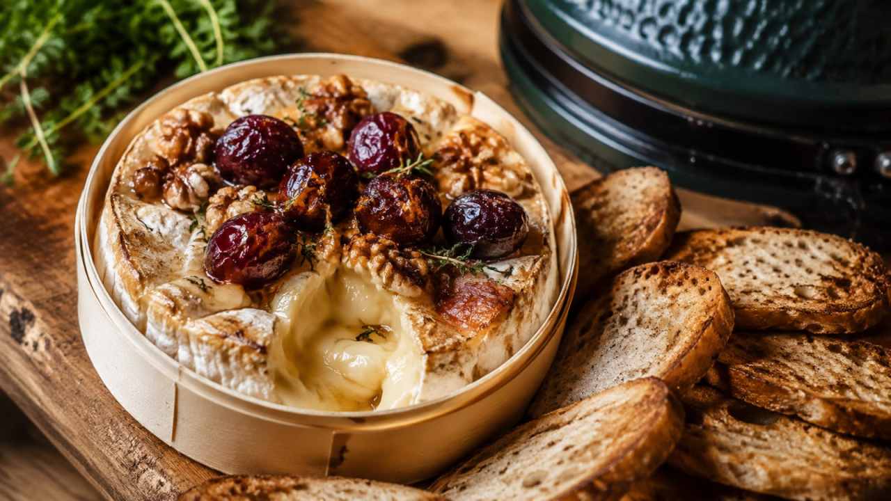 Camembert van de BBQ met druiven en walnoot