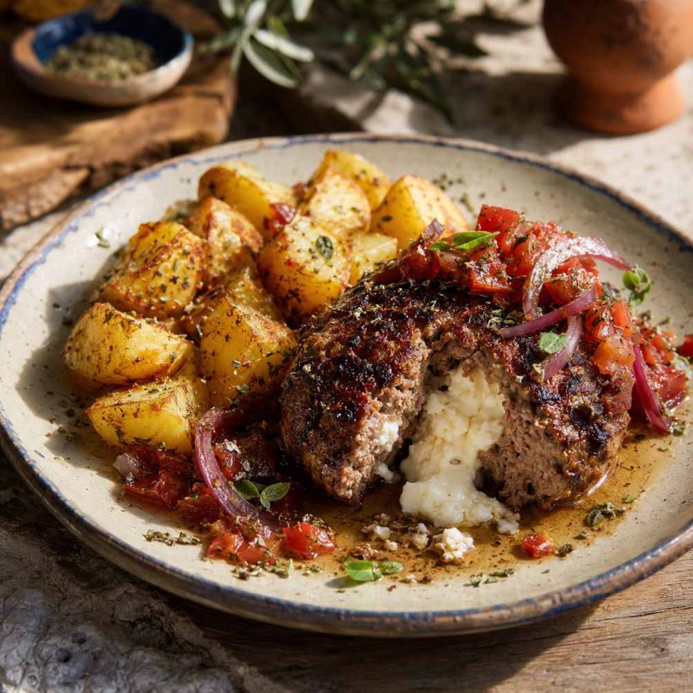 Bifteki gevuld met feta en geroosterde tomatenrelish