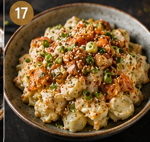 Kimchi-aardappelsalade met lente-ui