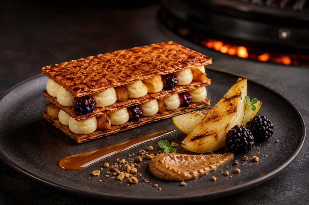 Kamado millefeuille met geroosterde peer, honingmascarpone en bramen