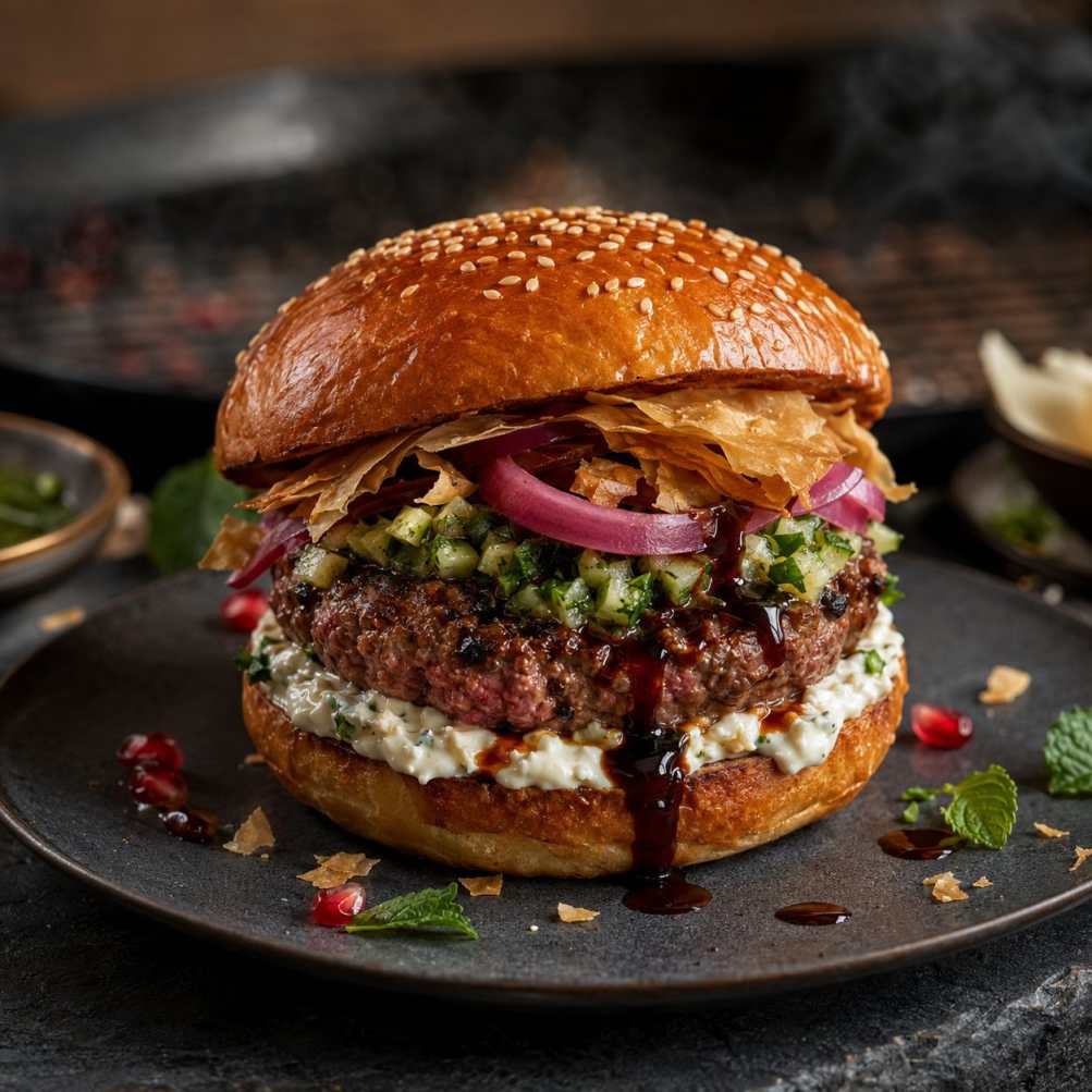 Lamsburger met feta, munt en granaatappel