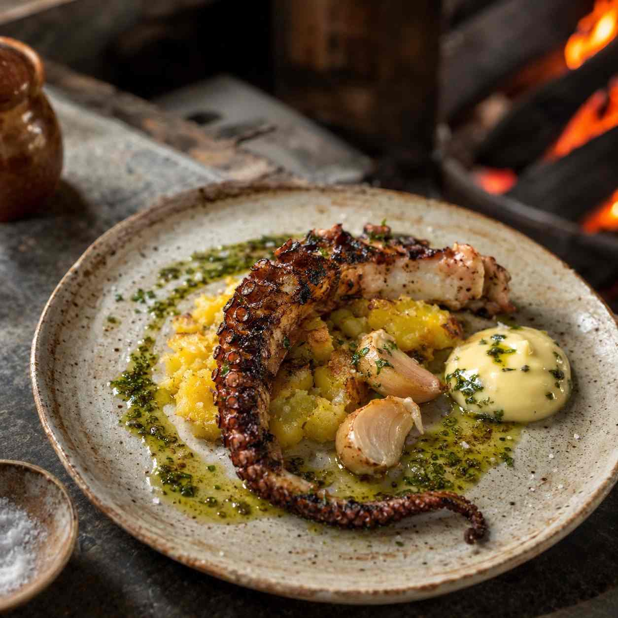 Pulpo a la brasa met saffraanaardappel en aioli