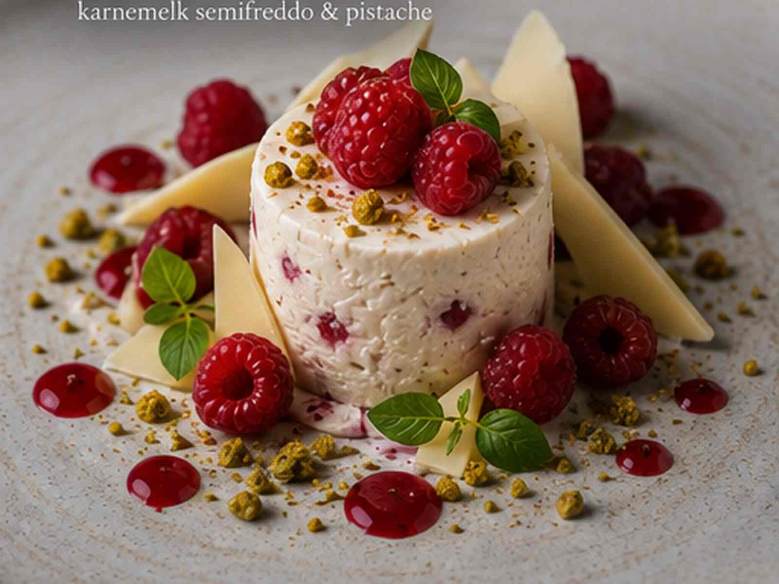 Framboos en witte chocolade met semifreddo, pistache en munt
