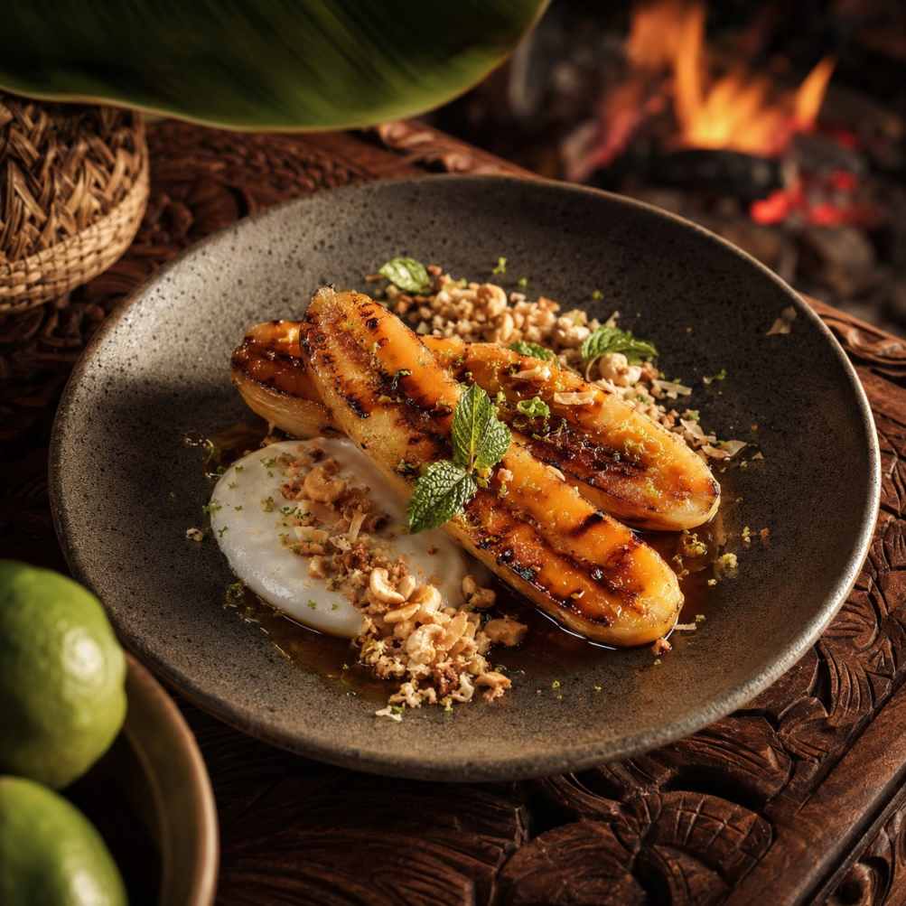 Gegrilde banaan met palmsuiker, kokos en pandan