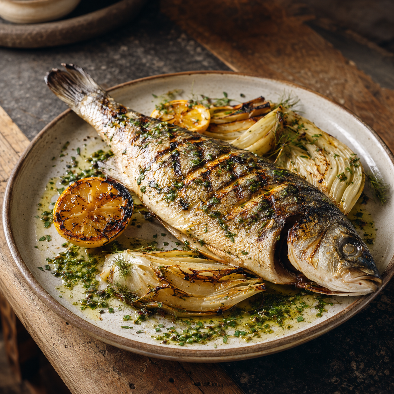 Branzino alla griglia met venkel, citroen en salsa salmoriglio