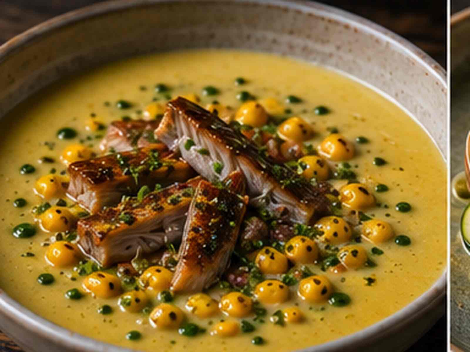 Geroosterde maïssoep met gerookte paling, maïscrunch en bieslookolie