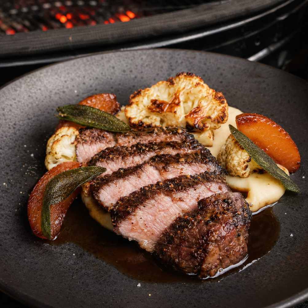 Iberico presa met cacao-koffiekorst, bloemkool, kweepeer en PX-sherryjus