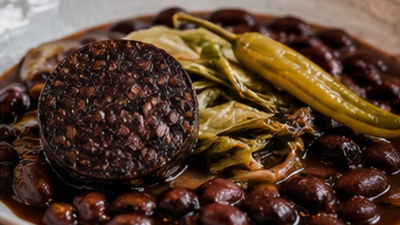 Bonen uit Gernika met morcilla, kool en piparra