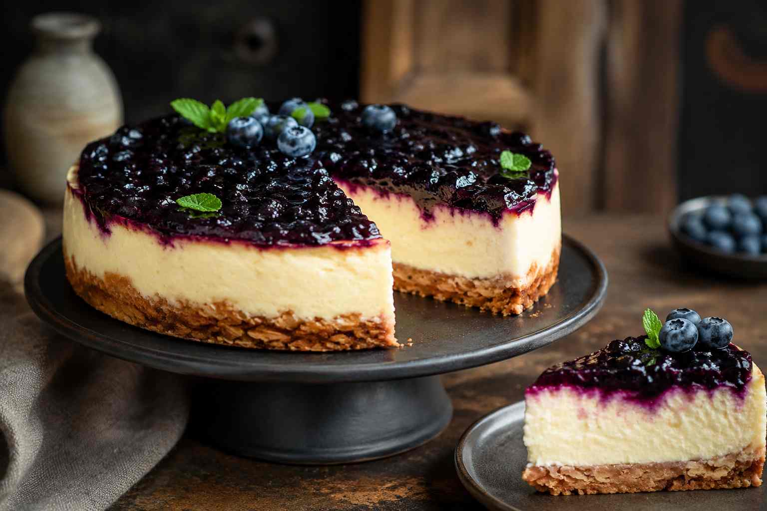 Traditionele cheesecake met amandelstreusel en bosbessen