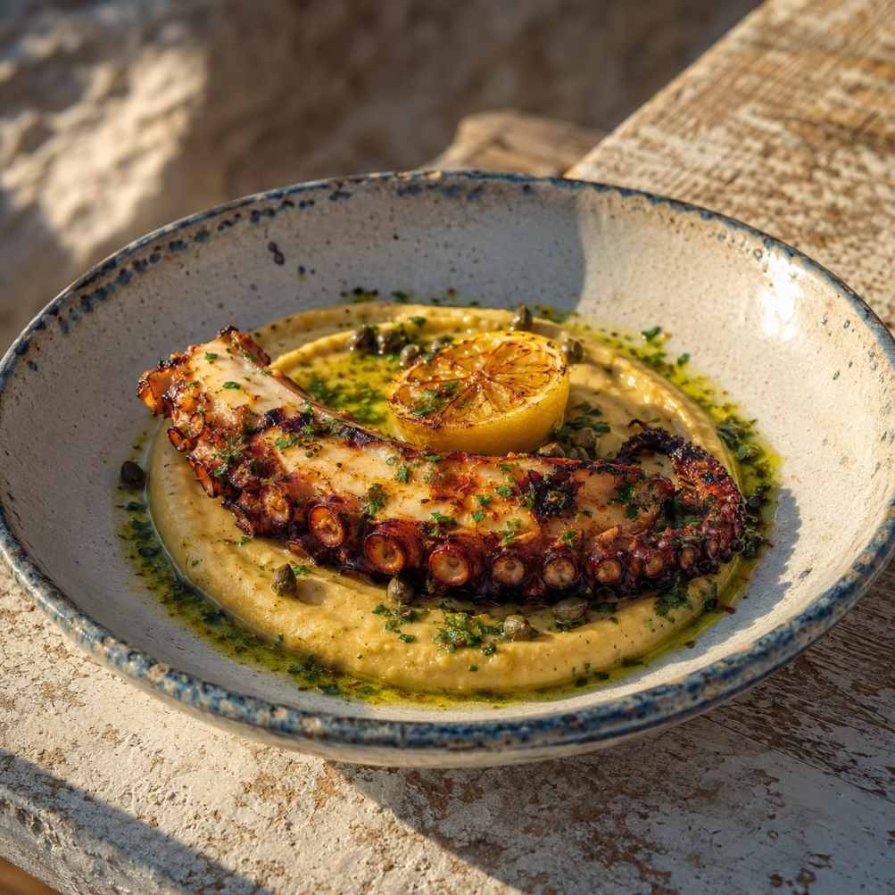 Gegrilde octopus met Santorini-fava en kappertjes