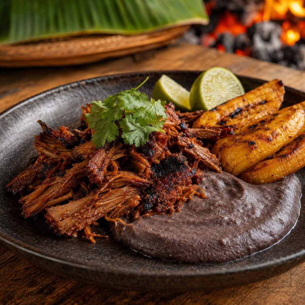Jerk jackfruit met zwartebonencrème en bakbanaan