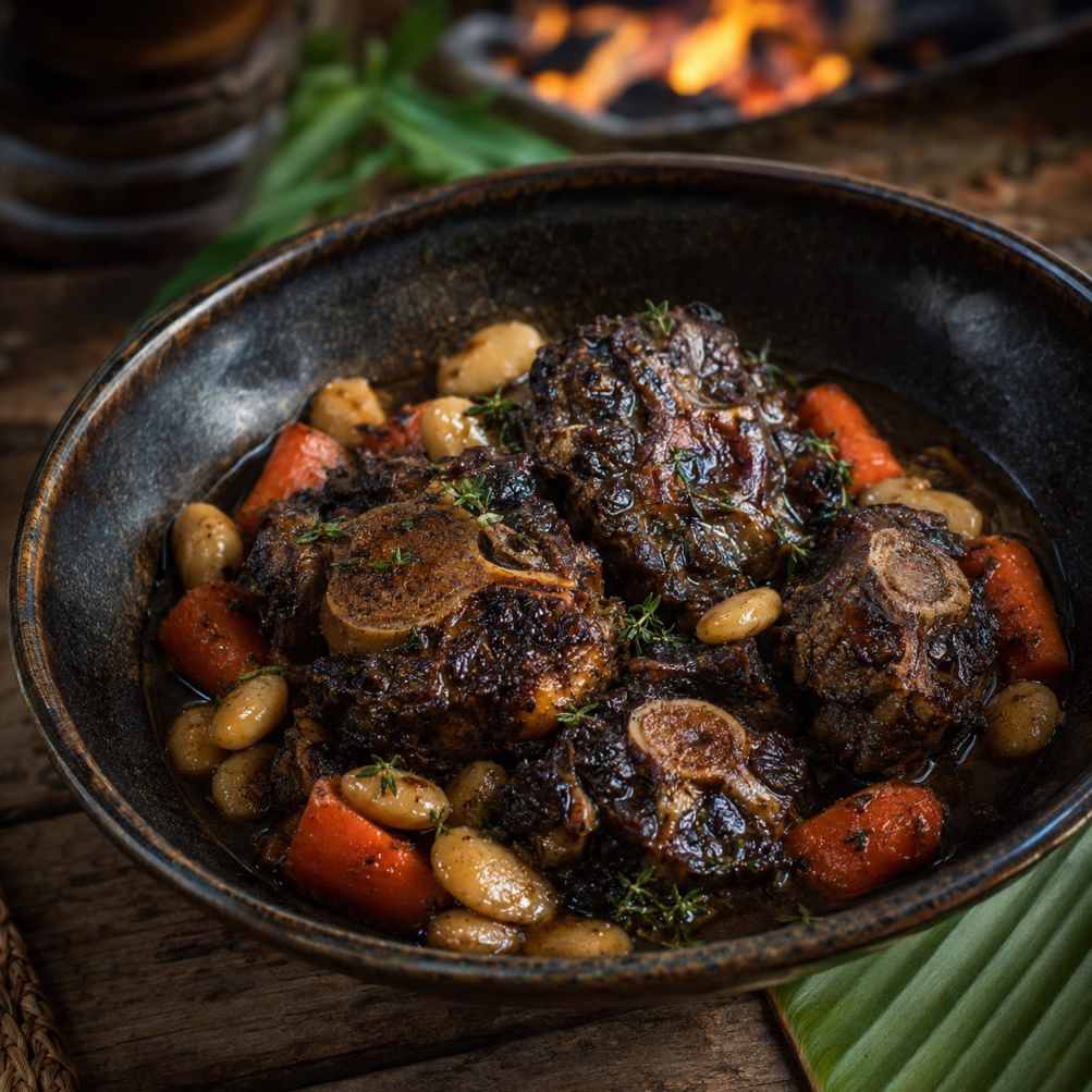 Gerookte oxtail met stout, boterbonen en jerkjus