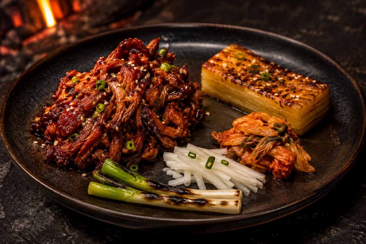 Koreaanse pulled pork met gochujanglak, kimchi, sesam-aardappelpavé en nashipeer