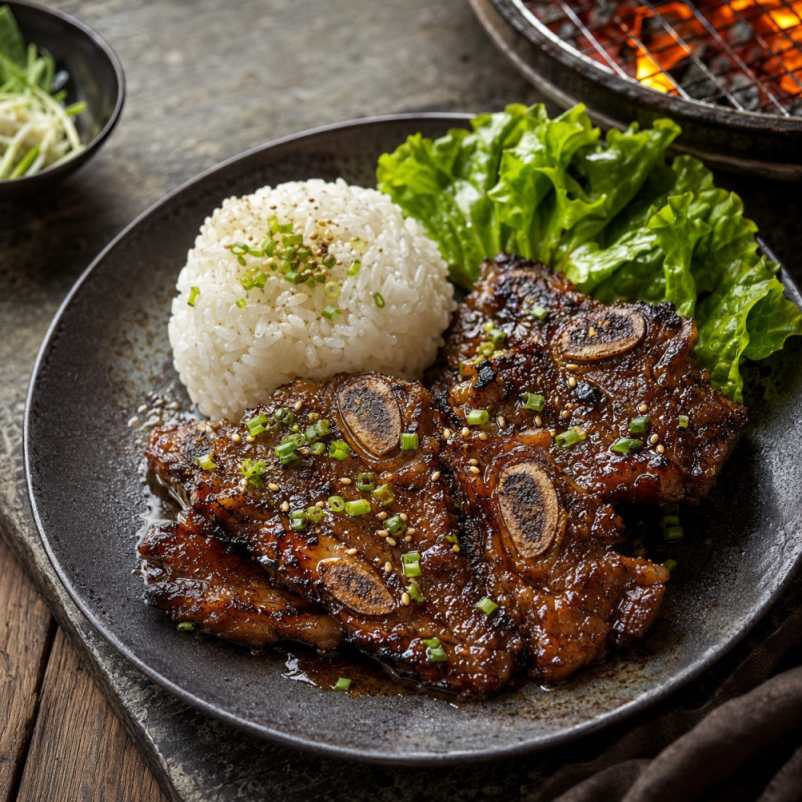 Koreaanse galbi met nashi-peer, ssam en sesamjus