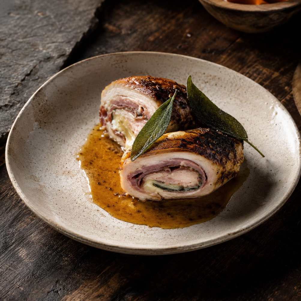 Involtini di pollo met prosciutto, salie en Marsalajus