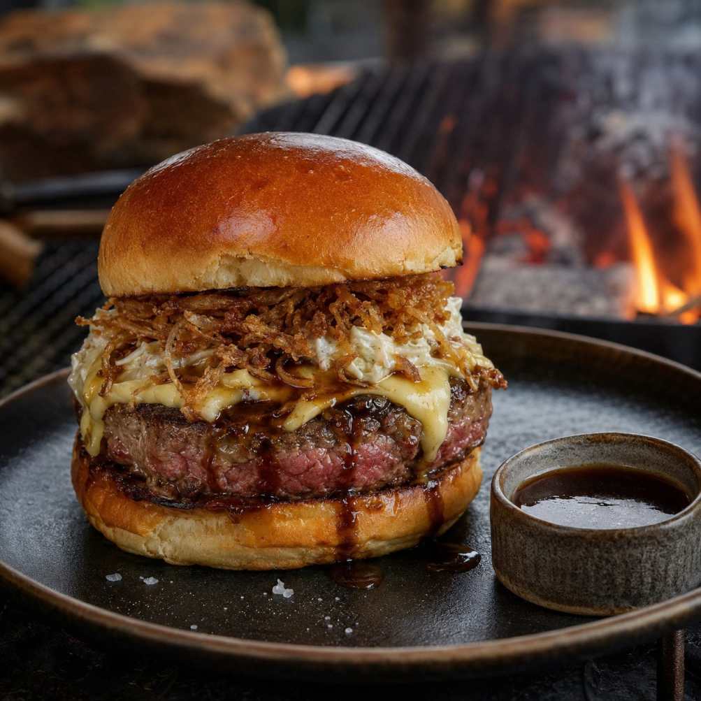 Dry-aged burger met mergjus en knolselderijremoulade