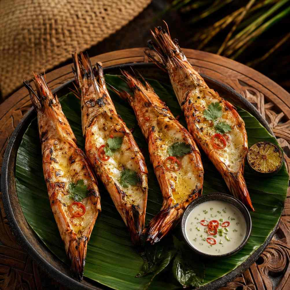 Gamba's bakar met sereh, limoen en sambal