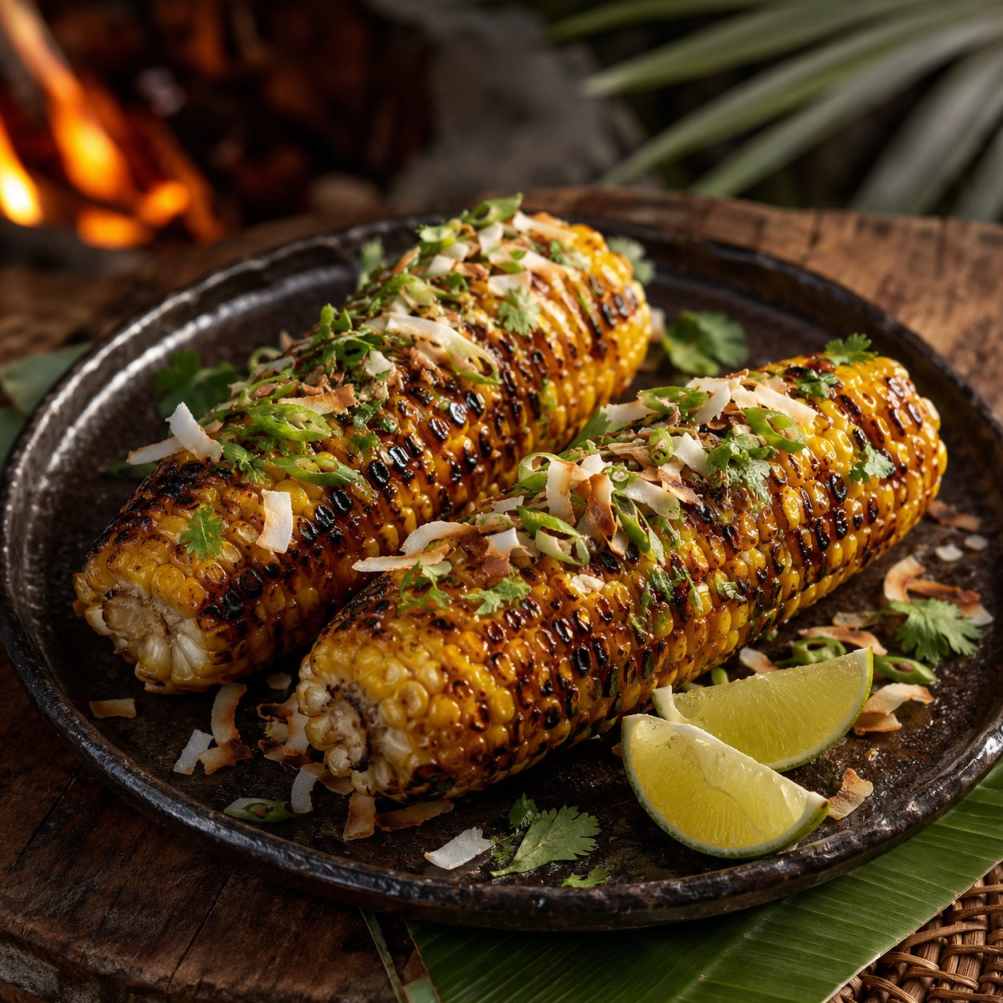 Gegrilde maïs met jerkboter, limoen en kokos