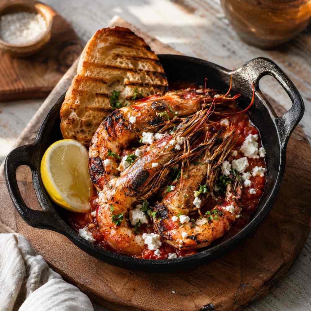 Gamba's saganaki van de BBQ met feta en ouzo