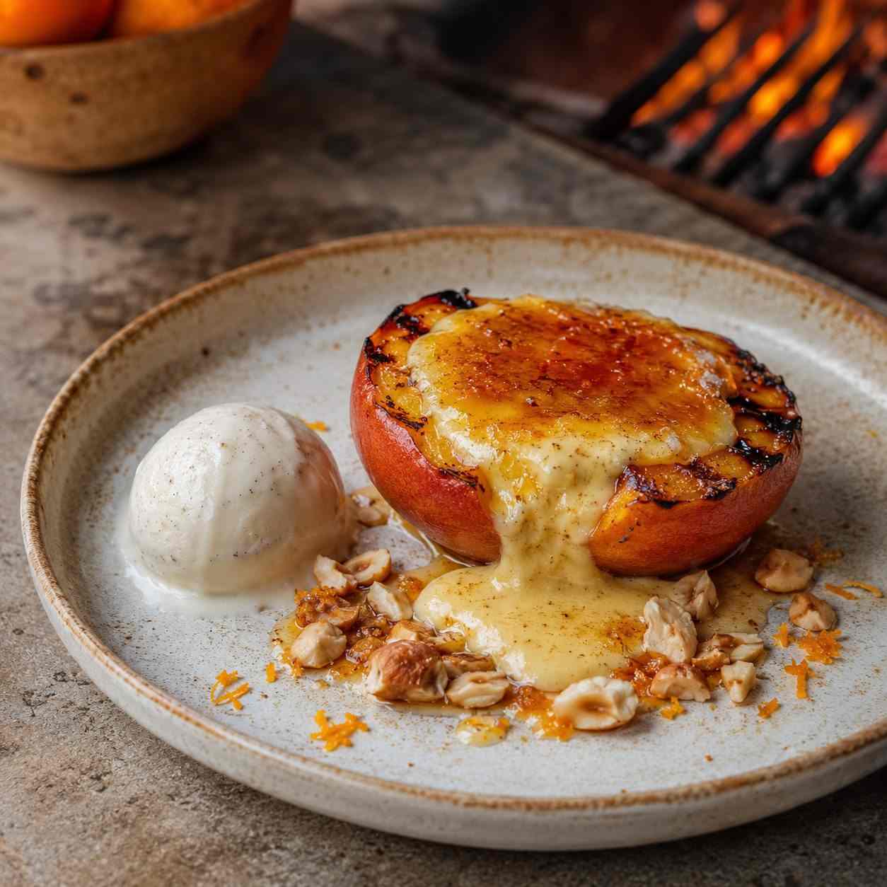 Gegrilde perzik met crema catalana en Marcona-amandel