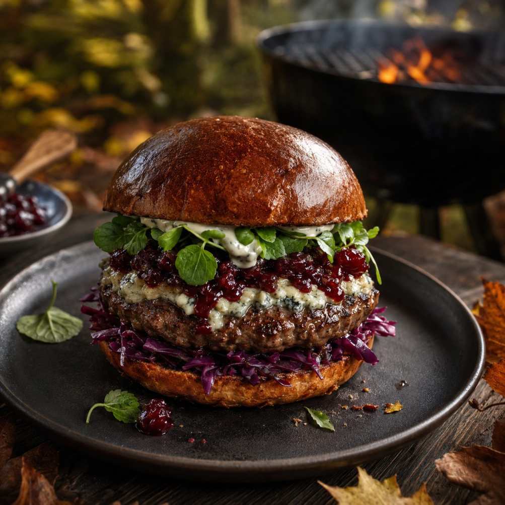 Hertenburger met blauwe kaas en cranberry-portcompote
