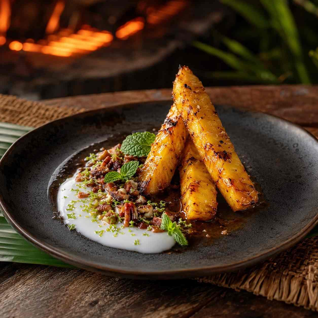 Gegrilde ananas met rumkaramel en kokoscrème