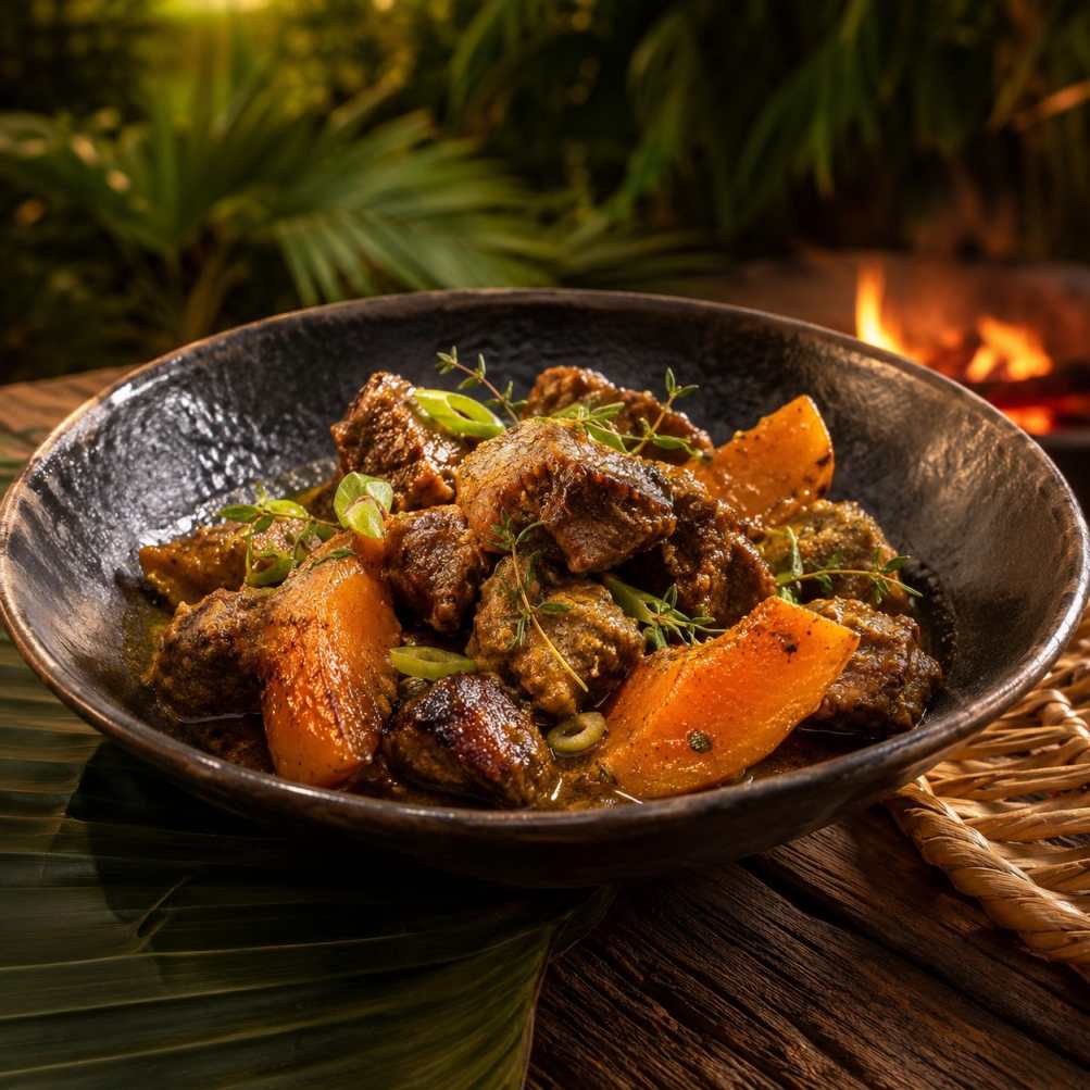 Curry goat uit de kamado met geroosterde pompoen