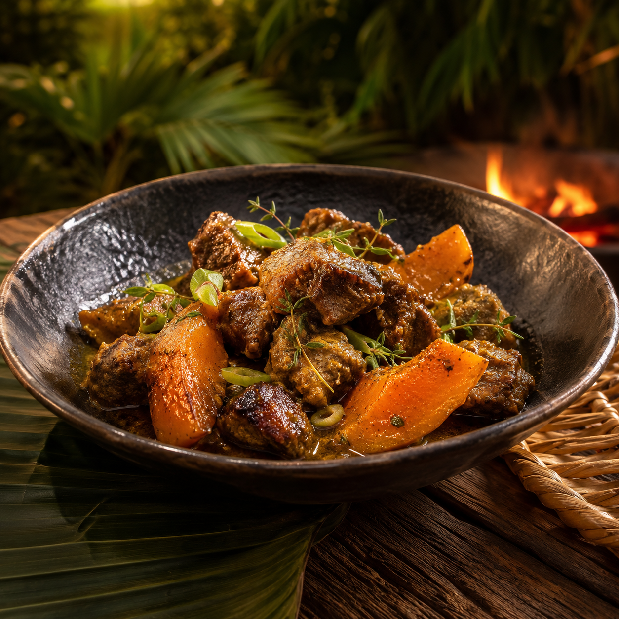 Curry goat uit de kamado met geroosterde pompoen