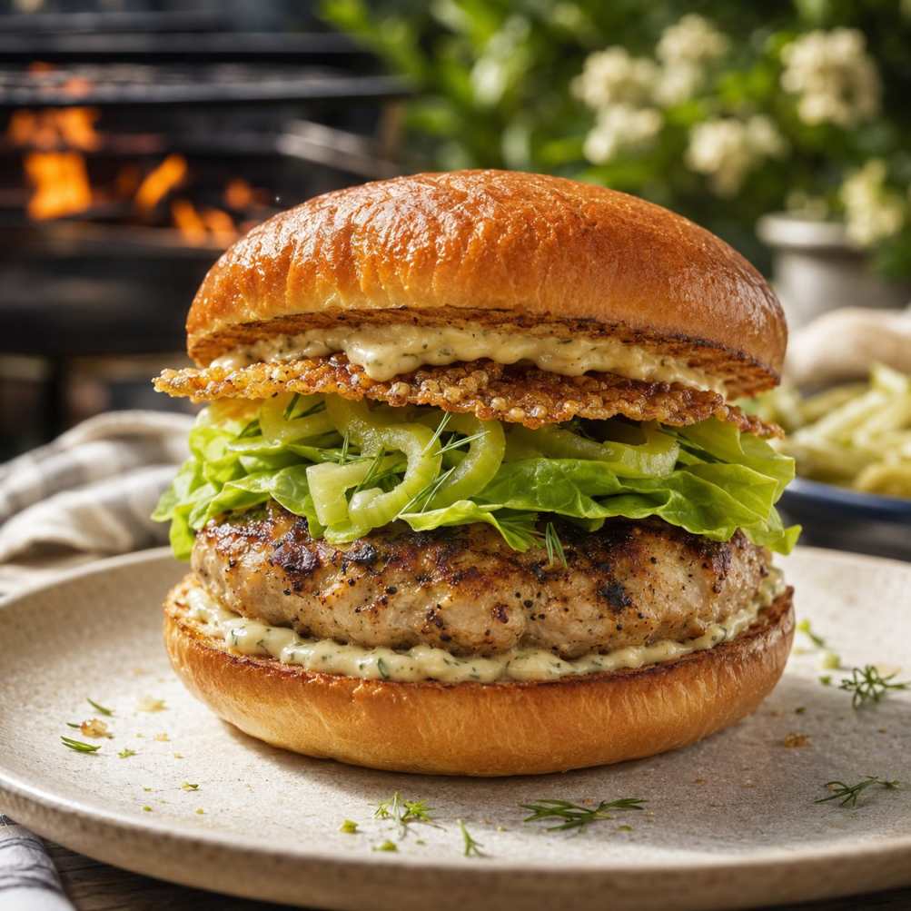 Kipburger met dragon, citroen en krokant kippenvel