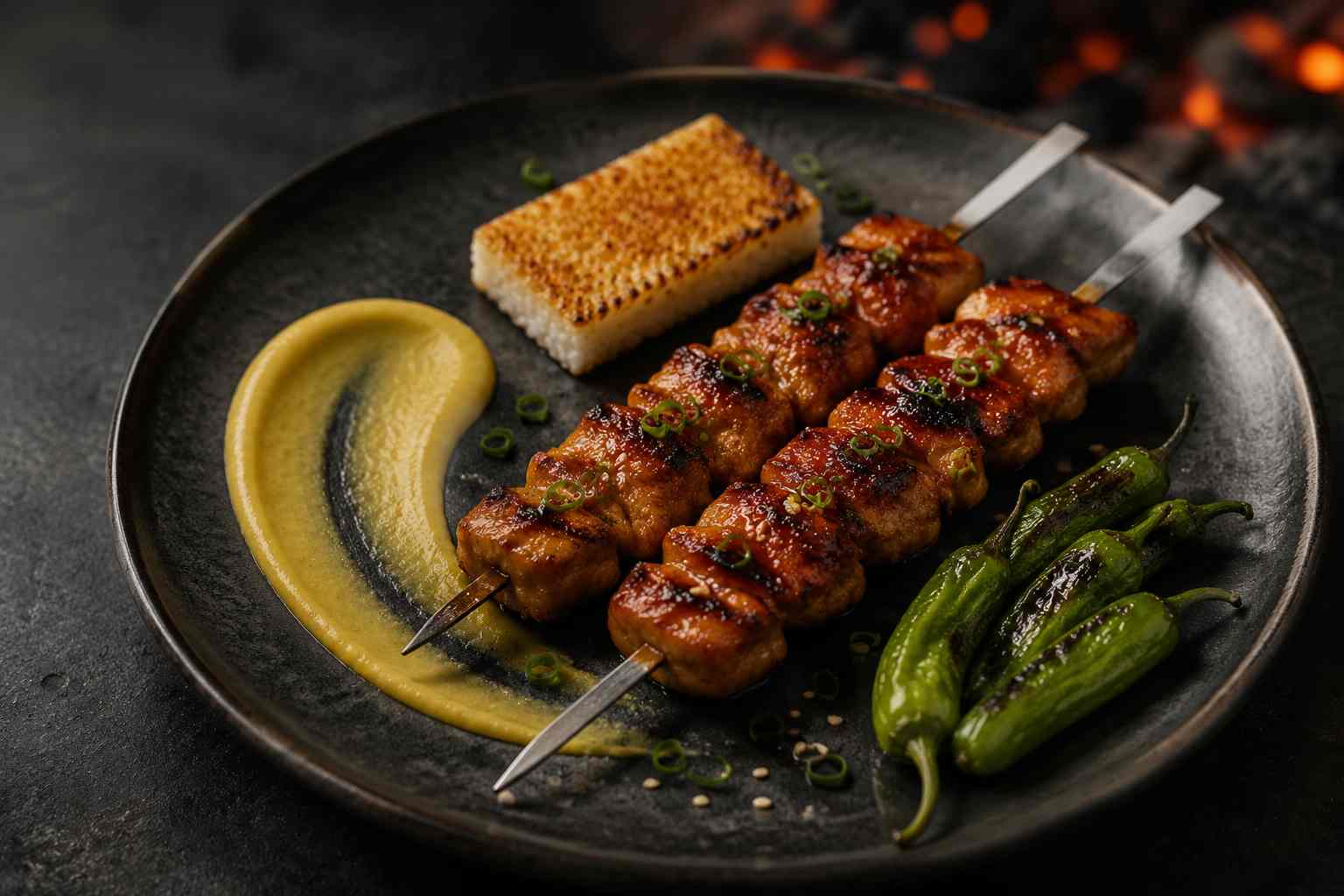 Yakitori van kippendij met tare, miso-maïscrème en shishito