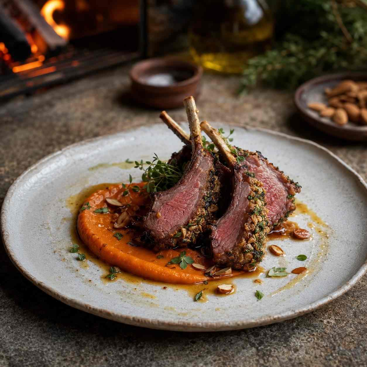 Chuletas de cordero met amandel-kruidenkorst