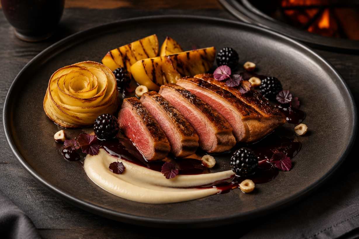 Op hooi gerookte eendenborst met gegrilde perzik, aardappelroos en bramenjus