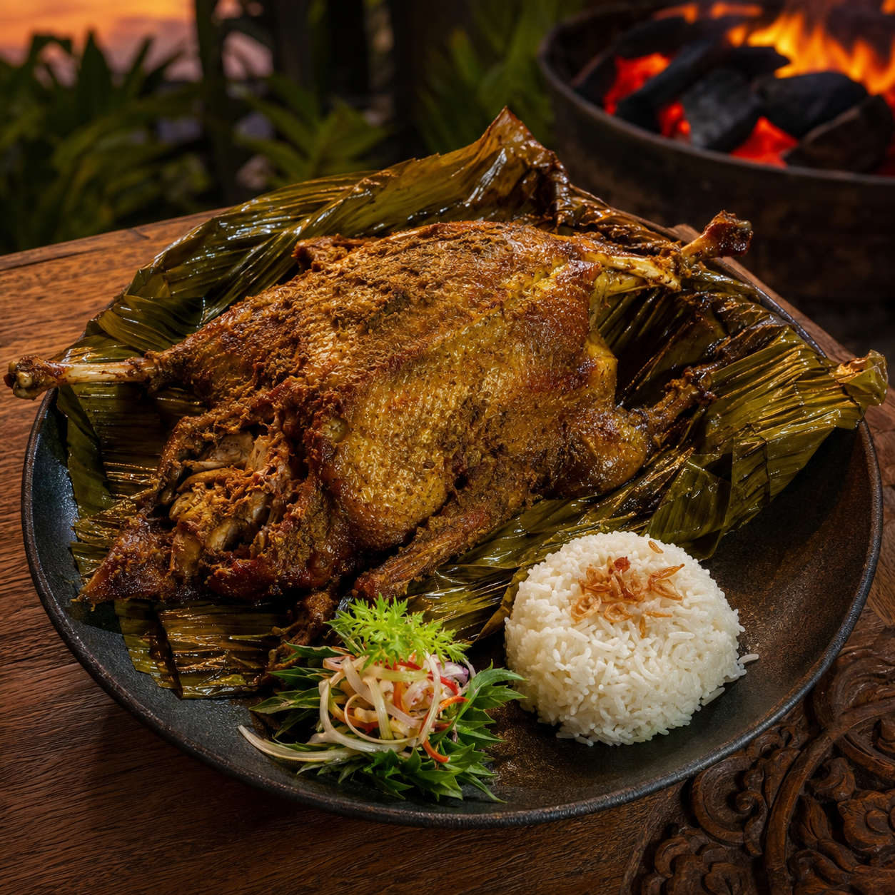 Bebek betutu uit de kamado met kokosrijst