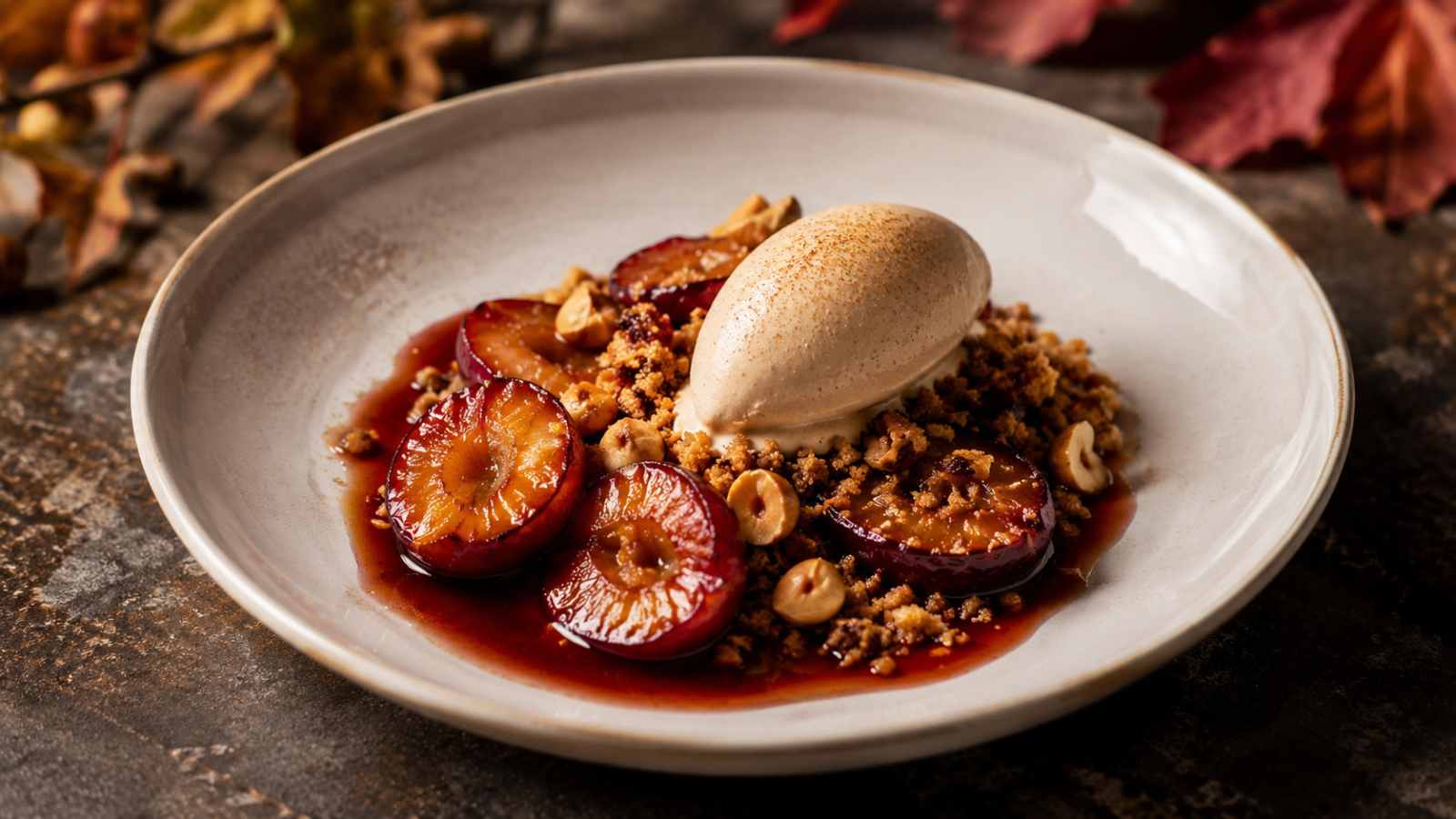 Geroosterde pruim met hazelnoot, karamel en kaneelijs