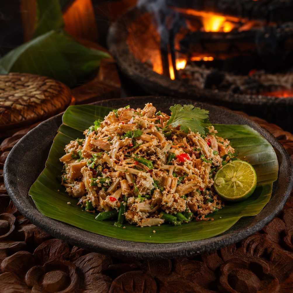 Gerookte jackfruit lawar met kokos en limoen