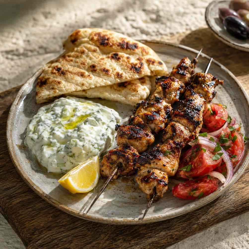Kipsouvlaki met gegrilde pita en citroen-tzatziki