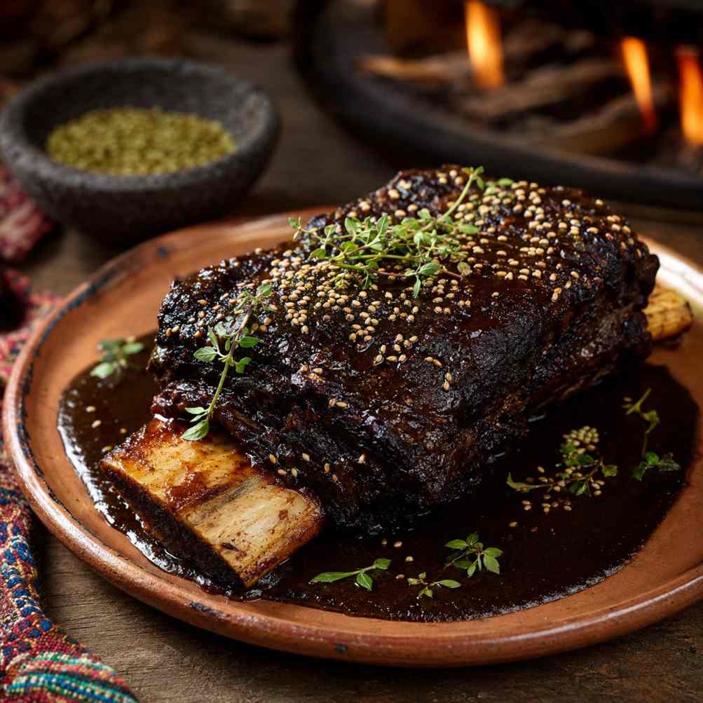 Beef short ribs met mole negro en sesam