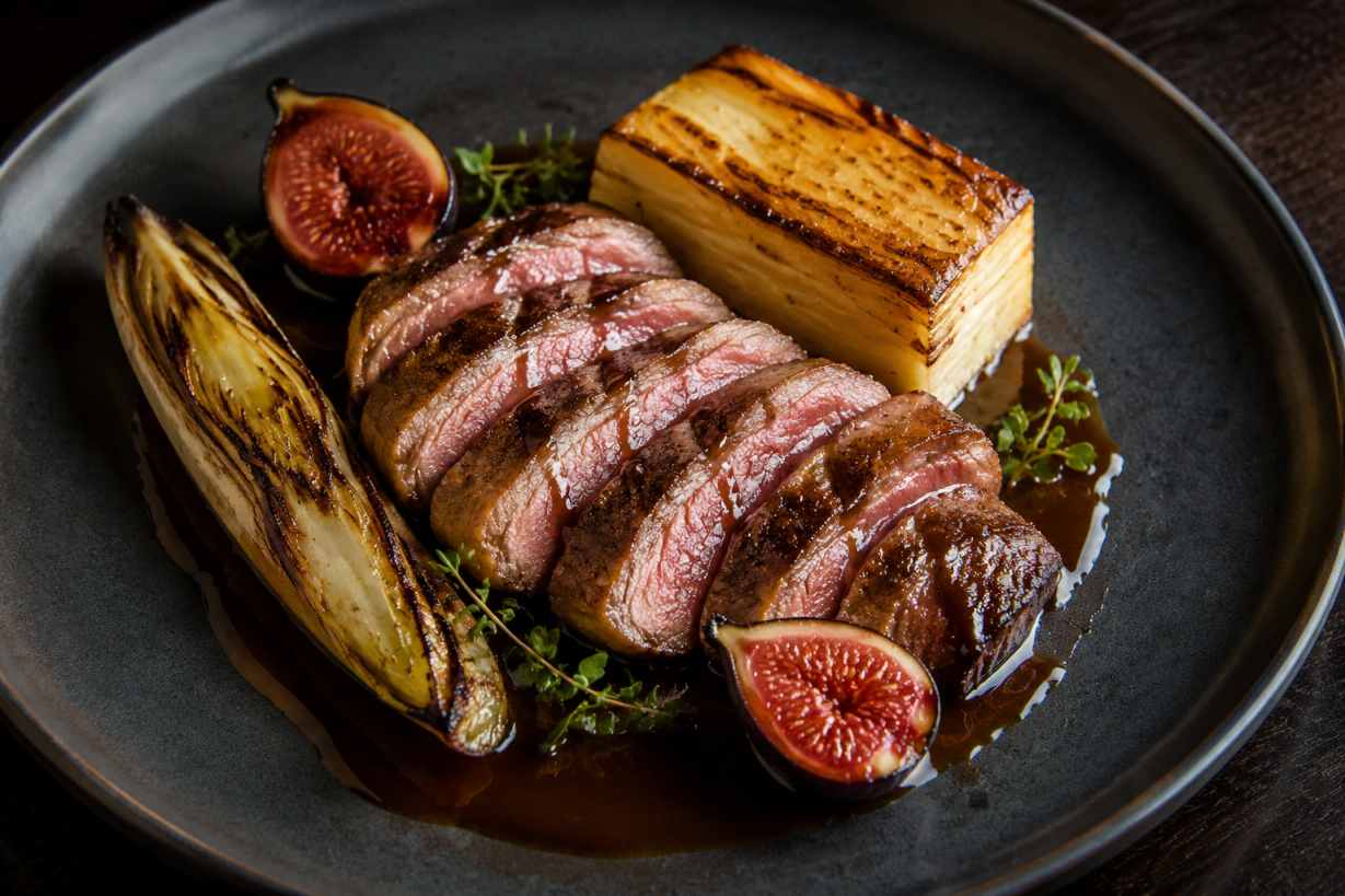 Iberico presa met geroosterde vijg, aardappelterrine en oloroso-jus