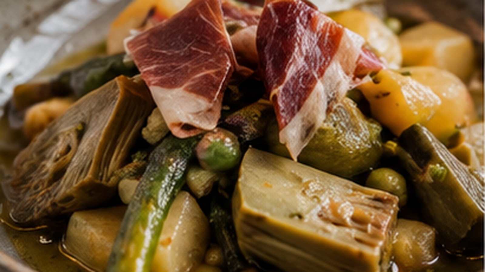 Baskische stoof van seizoensgroenten met Ibericoham